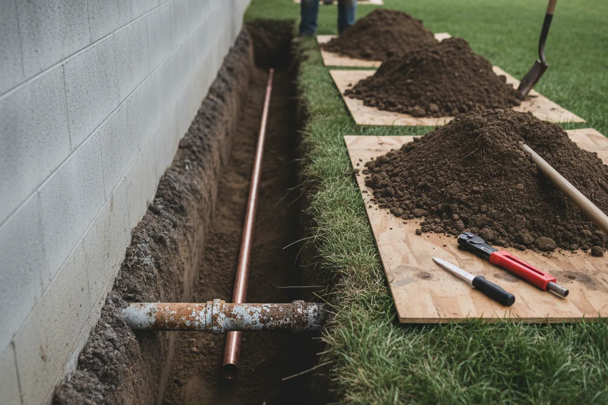 Excavated water line trench during Water Softener Installation in Nephi